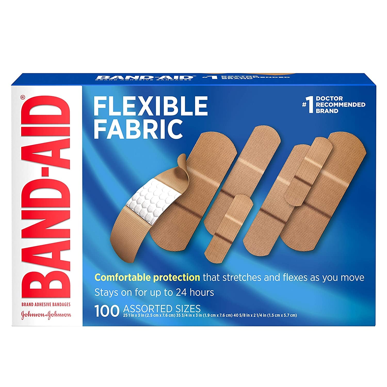 Band-Aid Brand Flexible Fabric Adhesive Bandages for Wound Care and First Aid, Assorted Sizes, 100 Ct