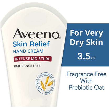 Aveeno Skin Relief Intense Moisture Hand Cream with Soothing Prebiotic Oat for Dry Skin, Sensitive Skin Cream Softens & Smooths Hands & Lasts through Hand Washing, Fragrance-Free, 3.5 Oz