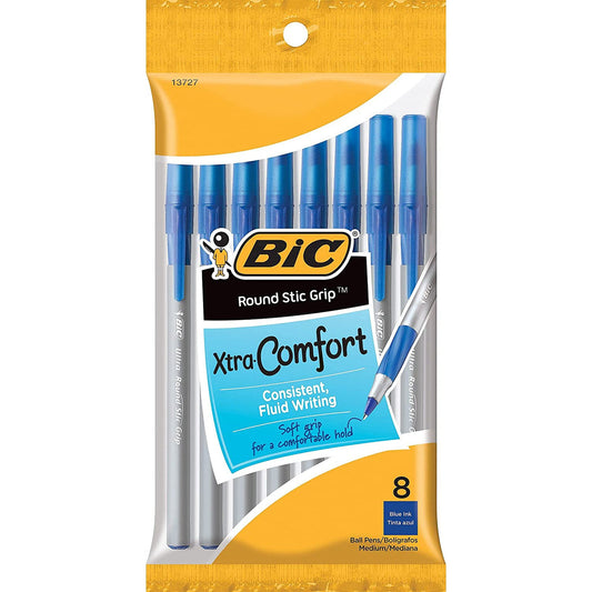 Bic round Stic Grip Xtra Comfort Ball Pen, Medium Point (1.2Mm), Blue, 8-Count