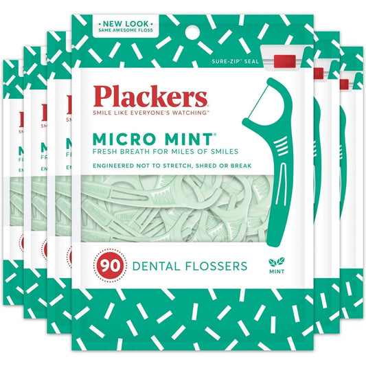 Plackers Micro Mint Dental Floss Picks, 90 Count, Pack of 6, Green