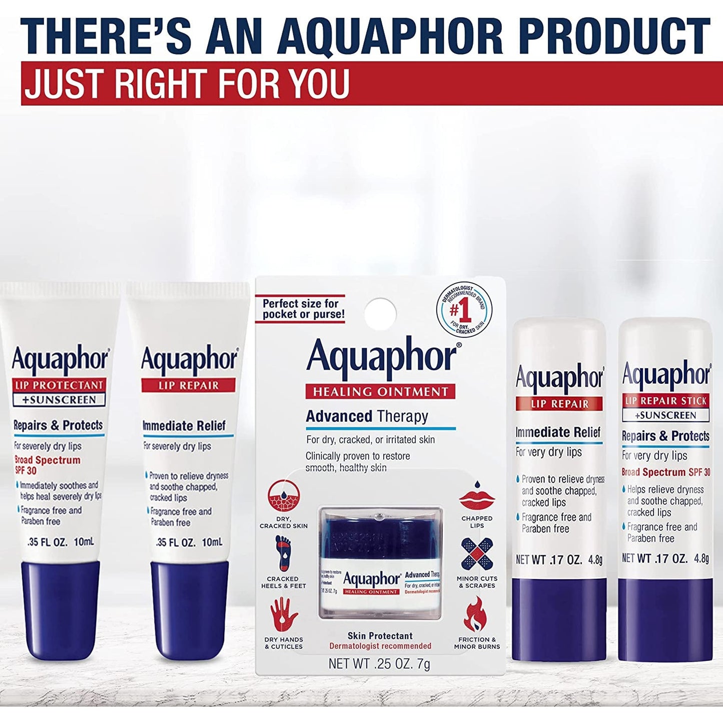 Aquaphor Lip Repair Ointment - Long-Lasting Moisture to Soothe Dry Chapped Lips - .35 Fl. Oz. Tube