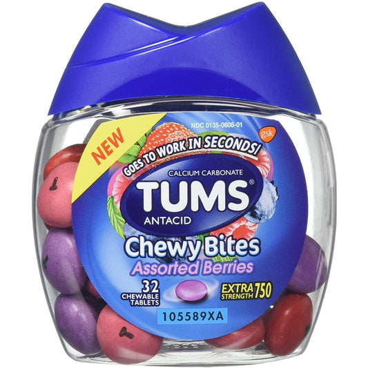 Tums Antacid Chewy Bites, Assorted Berries, 32 Chewable Tablets (Pack of 2)