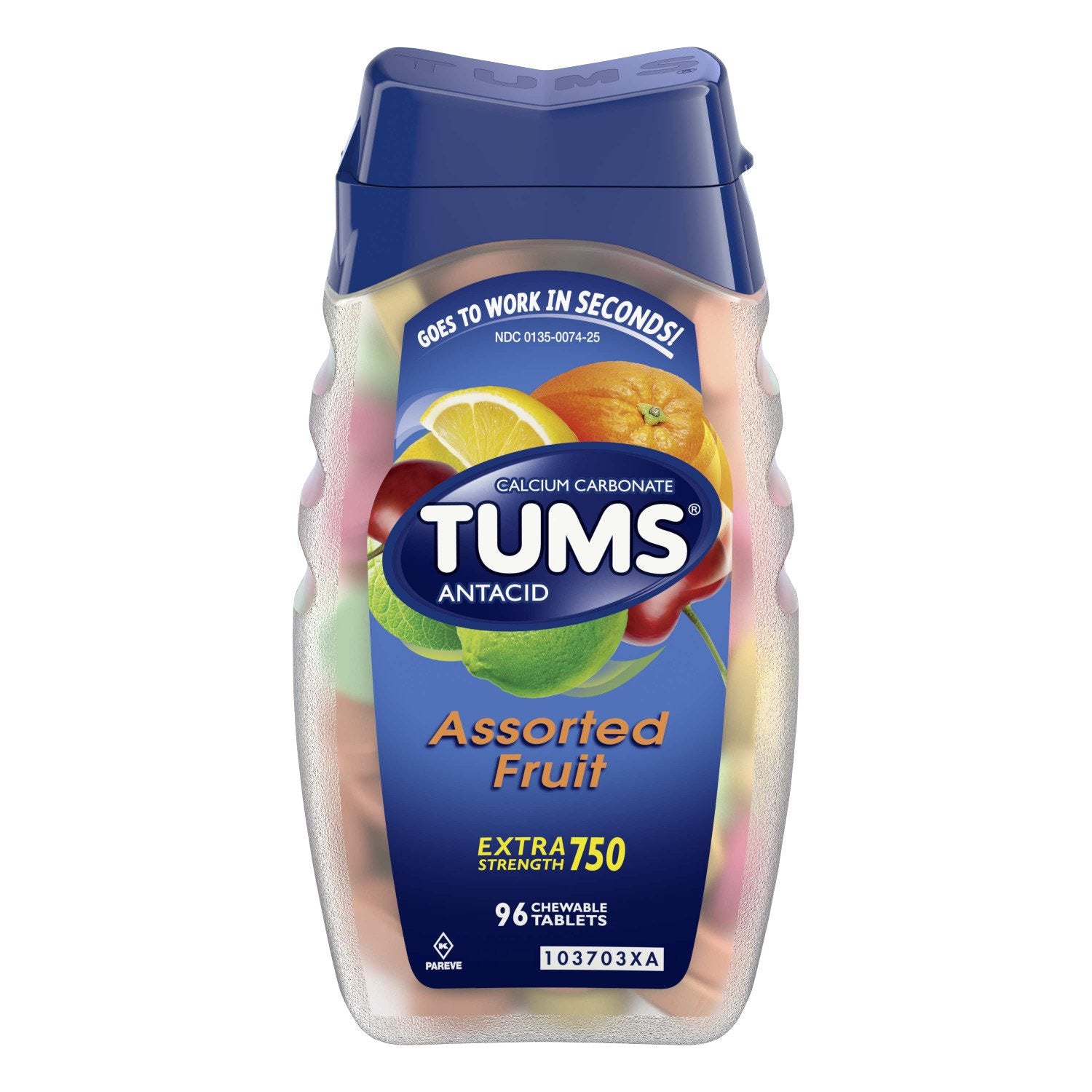 TUMS Antacid Chewable Tablets, Extra Strength for Heartburn Relief, Assorted Fruit, 96 Count