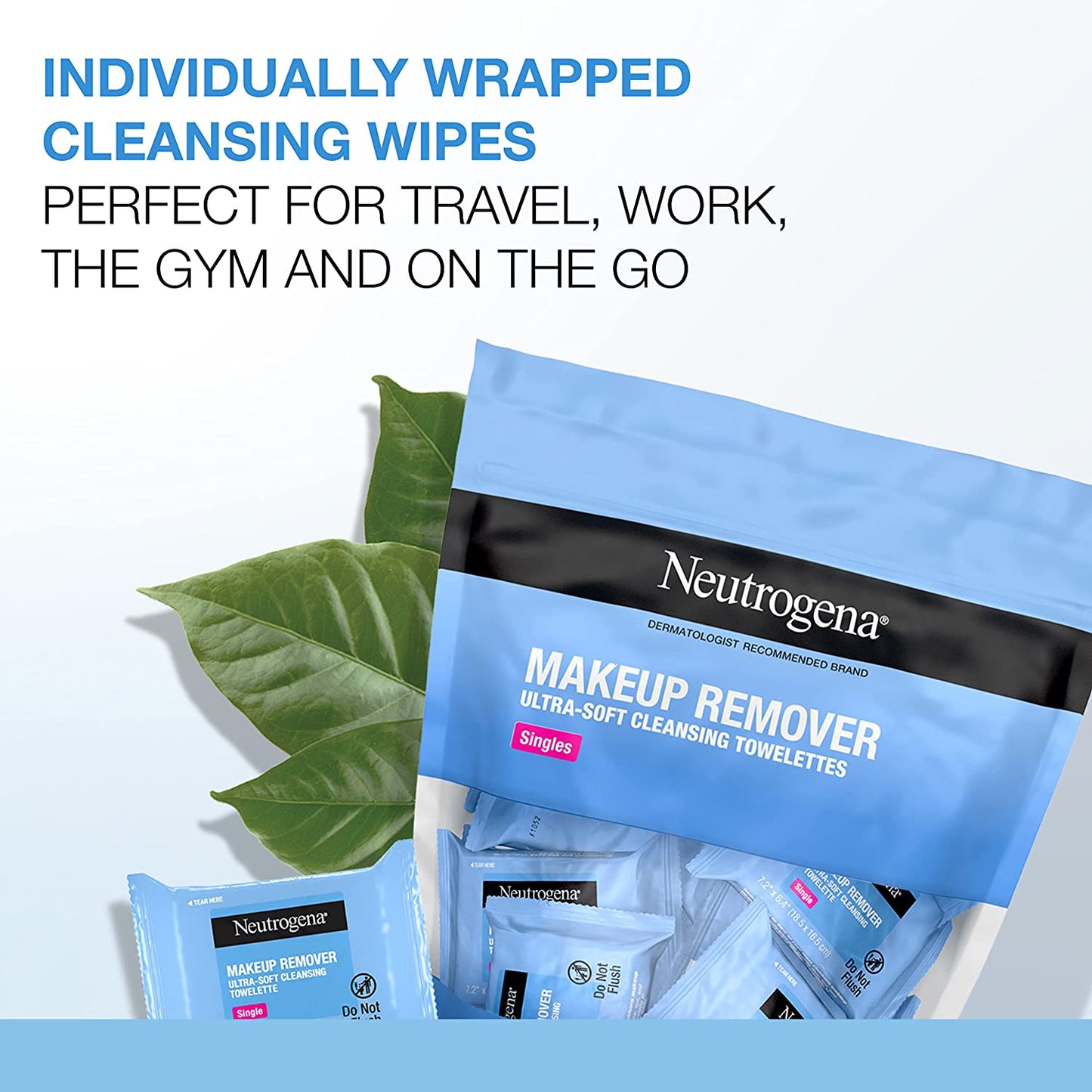 Neutrogena Makeup Remover Facial Cleansing Towelette Singles, Daily Face Wipes to Remove Dirt, Oil, Makeup & Waterproof Mascara, Gentle, Alcohol-Free, Individually Wrapped, 20 Ct