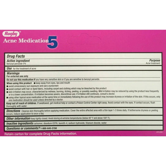 Rugby Acne Gel Benzoyl Peroxide 5% 1.5 oz