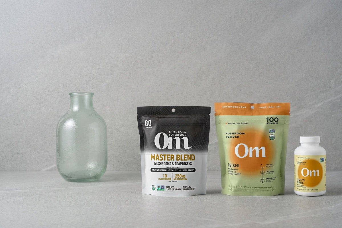 Om Mushrooms products in a studio photo